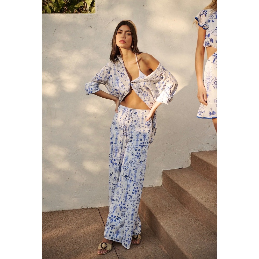 Sugarlips‎ Blue White Toile Tropical Wide Leg Wrap Pants STP7426PA Mens L